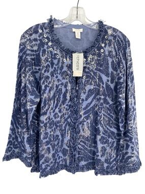 Chico’s Frankie Foiled Animal Fringe Linen Cardigan Sweater Serenity Blue New